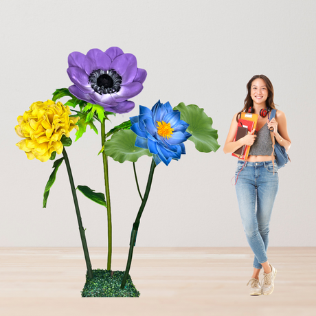 Flourishing Growth Giant Flower Backdrop – Featuring Yellow Marigolds, Blue Water Lilies, and Lavender Anemones