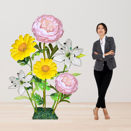 Heaven’s Peace Giant Flower Backdrop – Featuring White Lilies, Pale Pink Peonies, and Soft Yellow Daisies