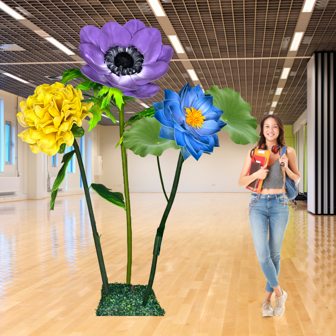 Flourishing Growth Giant Flower Backdrop – Featuring Yellow Marigolds, Blue Water Lilies, and Lavender Anemones