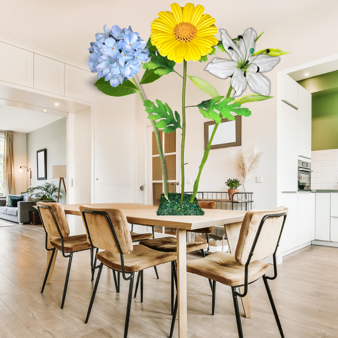 New Life Tall Table Centerpiece – Blue Hydrangea, White Lily, and Yellow Daisy, 18" and 12" Diameter Flowers