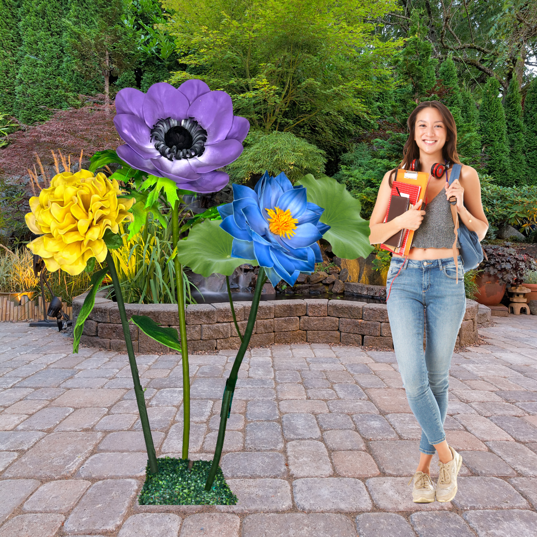 Flourishing Growth Giant Flower Backdrop – Featuring Yellow Marigolds, Blue Water Lilies, and Lavender Anemones