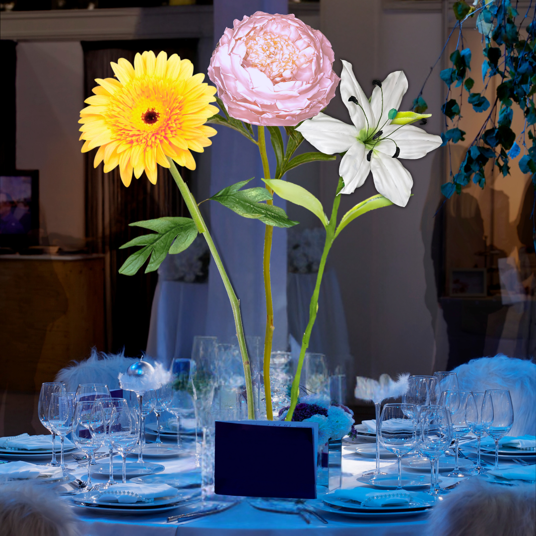 Baby’s First Light Tall Table Centerpiece – Pink Peony, White Lily, and Soft Yellow Gerbera, 18" and 12" Diameter Flowers