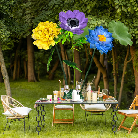 Flourishing Growth Tall Table Centerpiece – Yellow Marigold, Blue Water Lily, and Lavender Anemone, 16" Diameter Flowers