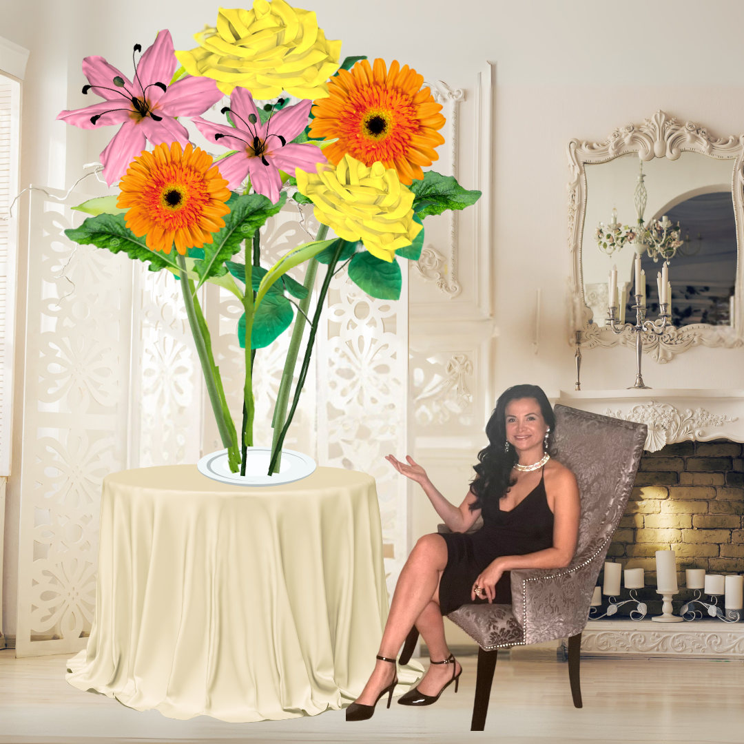 Joyful Praise Tall Table Centerpiece – Yellow Rose, Orange Gerbera, and Pink Lily, 12' and 18" Diameter Flowers