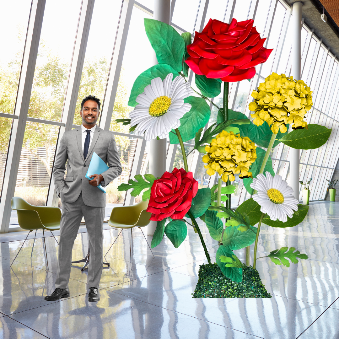 Success Bloom Giant Flower Backdrop – Featuring Red Roses, White Daisies, and Yellow Hydrangeas