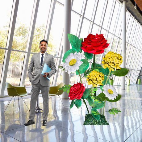 Success Bloom Giant Flower Backdrop – Featuring Red Roses, White Daisies, and Yellow Hydrangeas