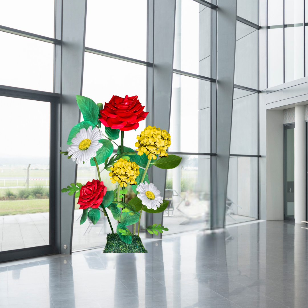 Success Bloom Giant Flower Backdrop – Featuring Red Roses, White Daisies, and Yellow Hydrangeas