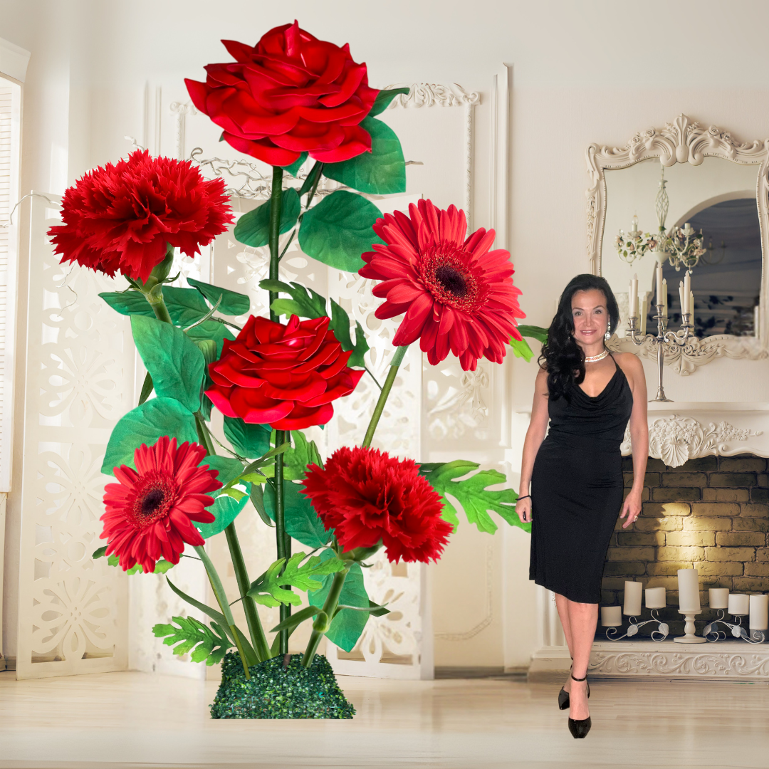 All Red Passion Giant Flower Backdrop – Featuring Red Roses, Red Gerberas, and Red Carnations