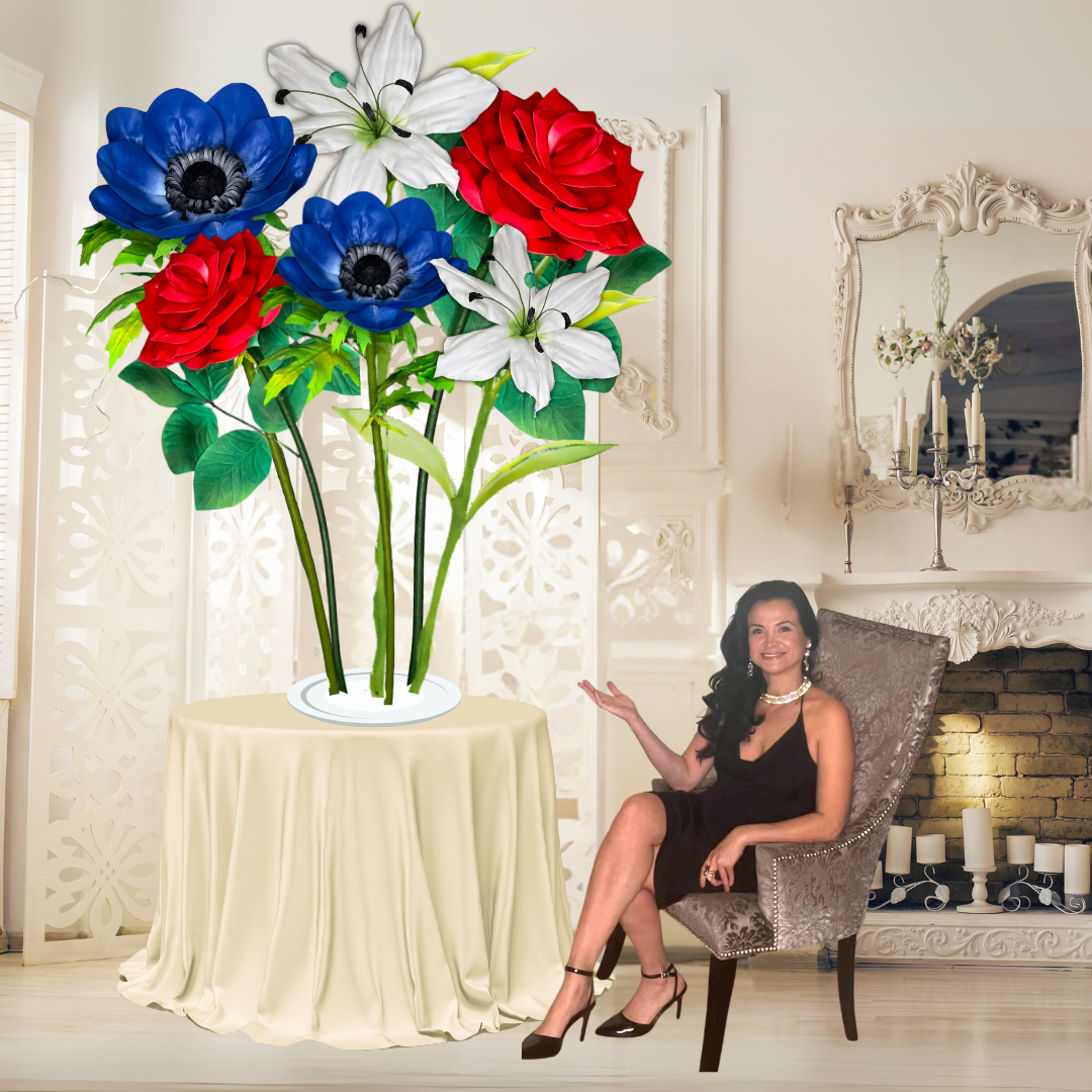 Patriot’s Pride Tall Table Centerpiece – Red Rose, White Lily, and Blue Anemone, 16" Diameter Flowers