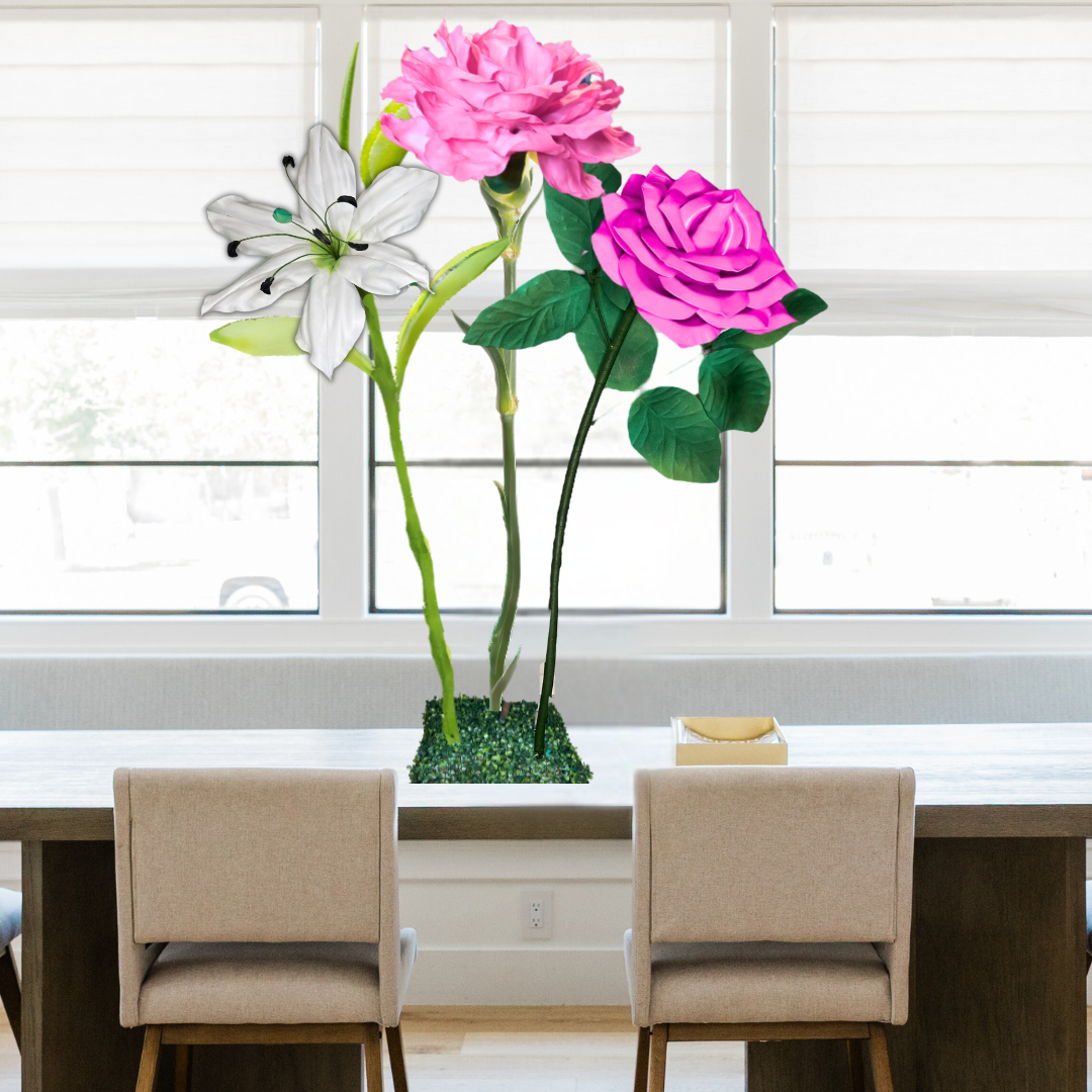 Blessings Abound Tall Table Centerpiece – Pink Carnation, White Lily, and Fuschia Roses, 18" and 12"Diameter Flowers