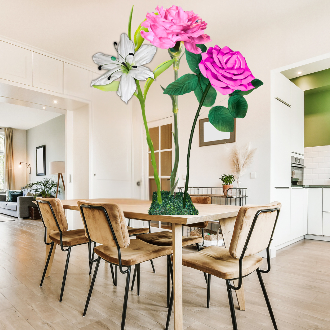 Blessings Abound Tall Table Centerpiece – Pink Carnation, White Lily, and Fuschia Roses, 18" and 12"Diameter Flowers