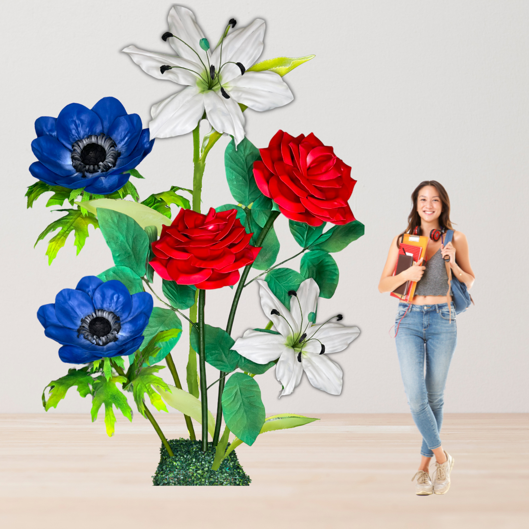 Patriot’s Pride Giant Flower Backdrop – Featuring Red Roses, White Lilies, and Blue Anemones