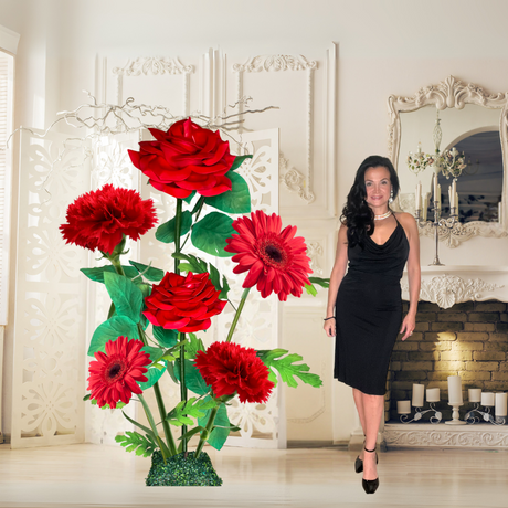 All Red Passion Giant Flower Backdrop – Featuring Red Roses, Red Gerberas, and Red Carnations