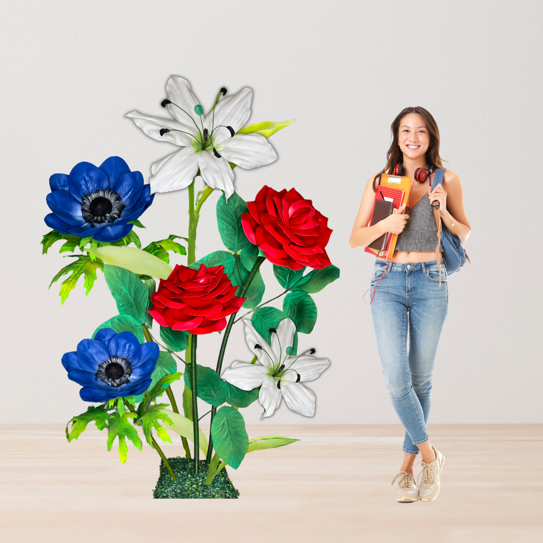 Patriot’s Pride Giant Flower Backdrop – Featuring Red Roses, White Lilies, and Blue Anemones