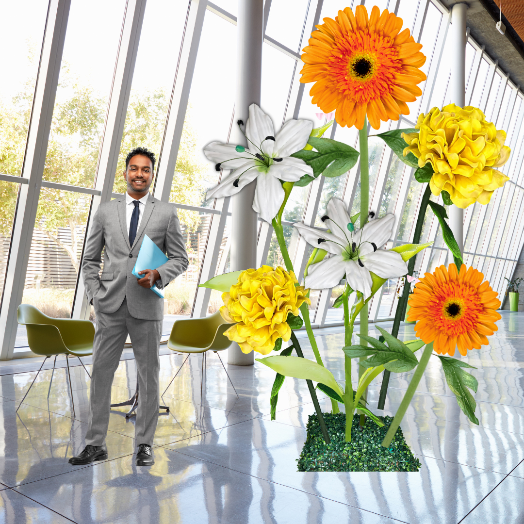 Business Blossom Giant Flower Backdrop – Featuring Orange Gerberas, White Lilies, and Yellow Marigolds