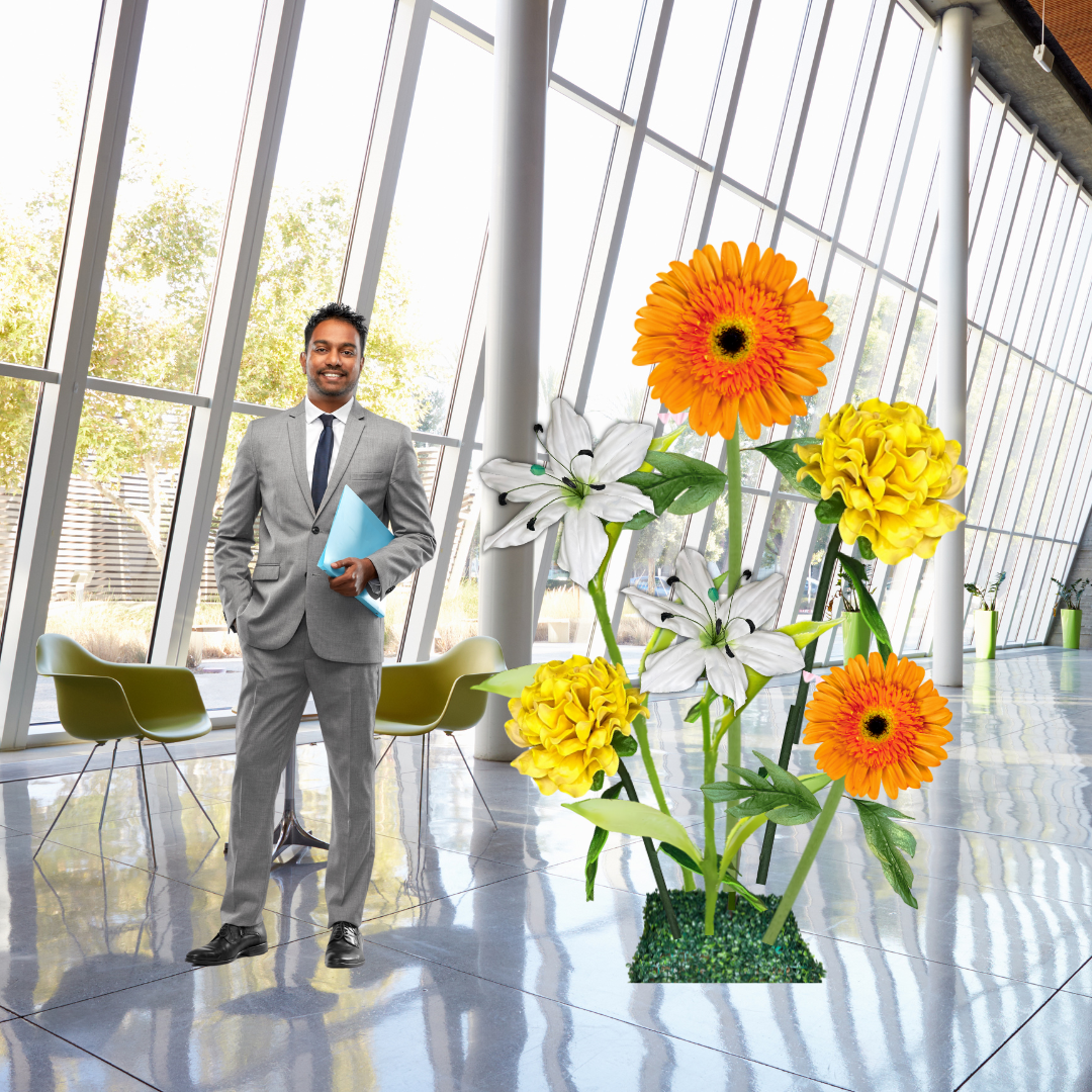 Business Blossom Giant Flower Backdrop – Featuring Orange Gerberas, White Lilies, and Yellow Marigolds