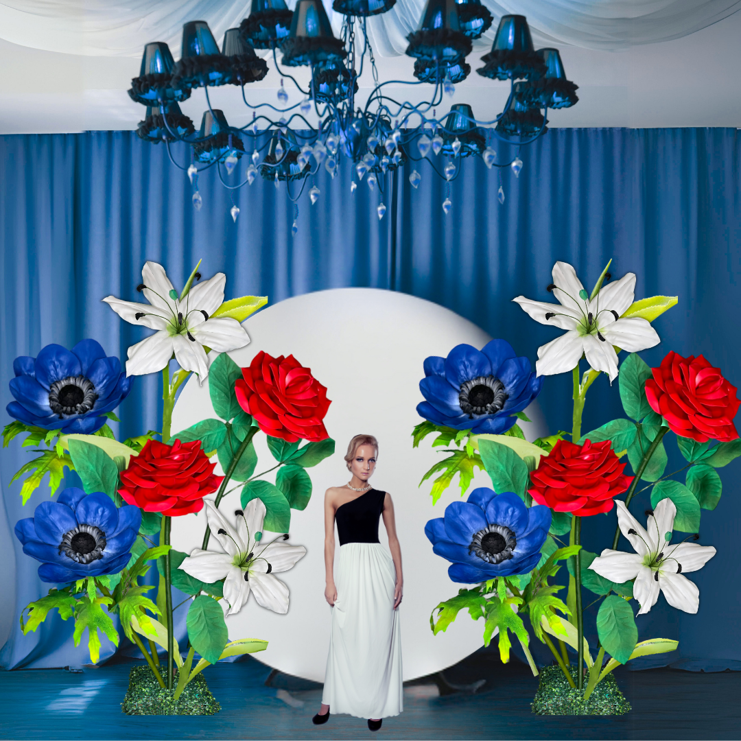 Patriot’s Pride Giant Flower Backdrop – Featuring Red Roses, White Lilies, and Blue Anemones