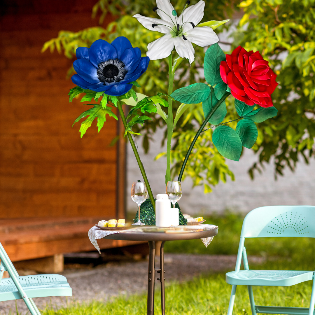 Patriot’s Pride Tall Table Centerpiece – Red Rose, White Lily, and Blue Anemone, 16" Diameter Flowers