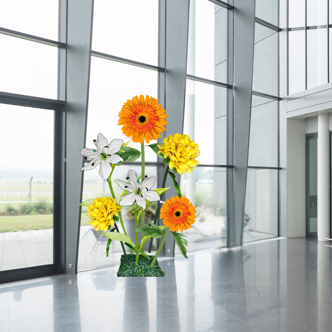 Business Blossom Giant Flower Backdrop – Featuring Orange Gerberas, White Lilies, and Yellow Marigolds