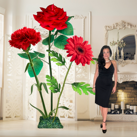 All Red Passion Giant Flower Backdrop – Featuring Red Roses, Red Gerberas, and Red Carnations