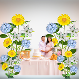 New Life Giant Flower Backdrop – Featuring Blue Hydrangeas, White Lilies, and Yellow Daisies