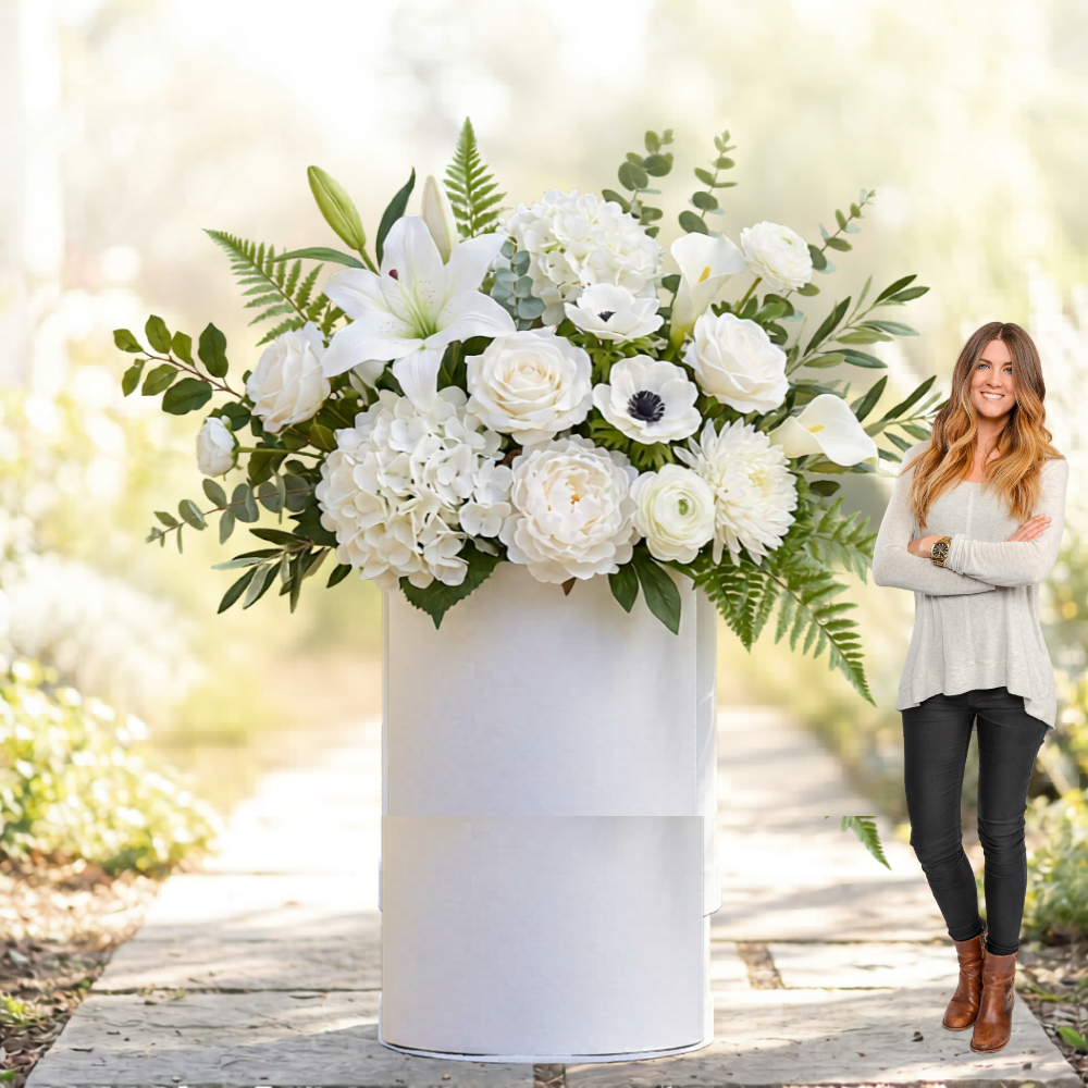 Pure White Elegance giant hatbox flower arrangement for rent in Houston TX