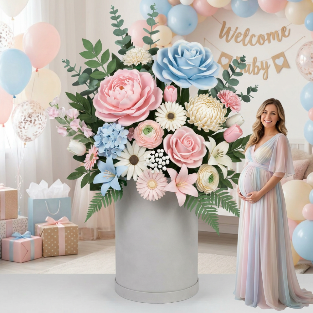 Giant flower rental Houston — pastel baby shower welcome display arrangement