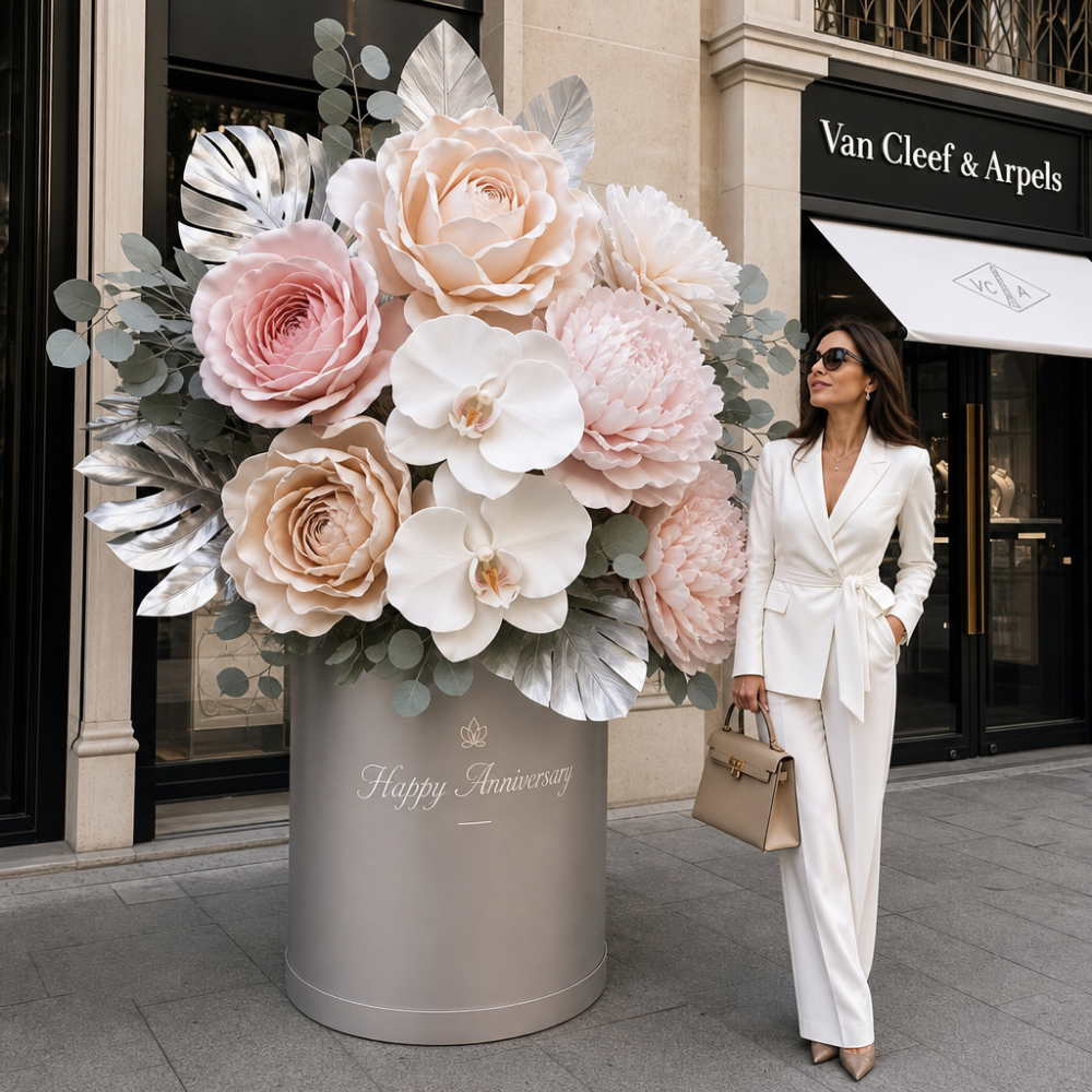 Event flower rental Houston — blush roses anniversary display at luxury storefront