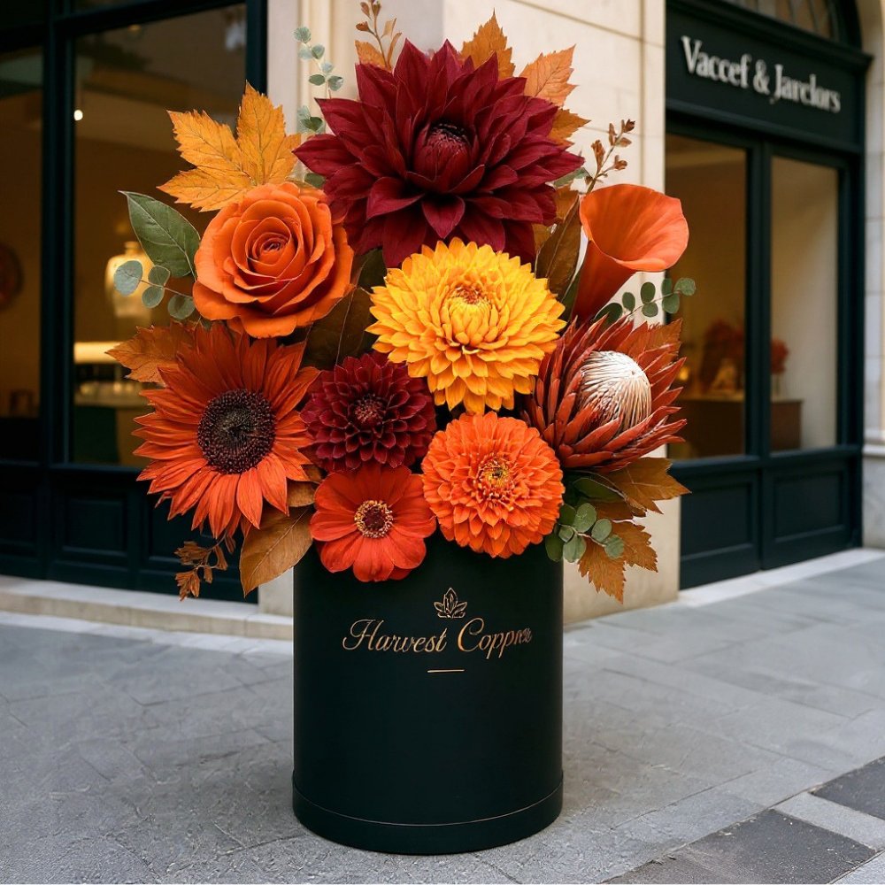 Oversized floral props rental Houston — harvest copper autumn giant flower centerpiece