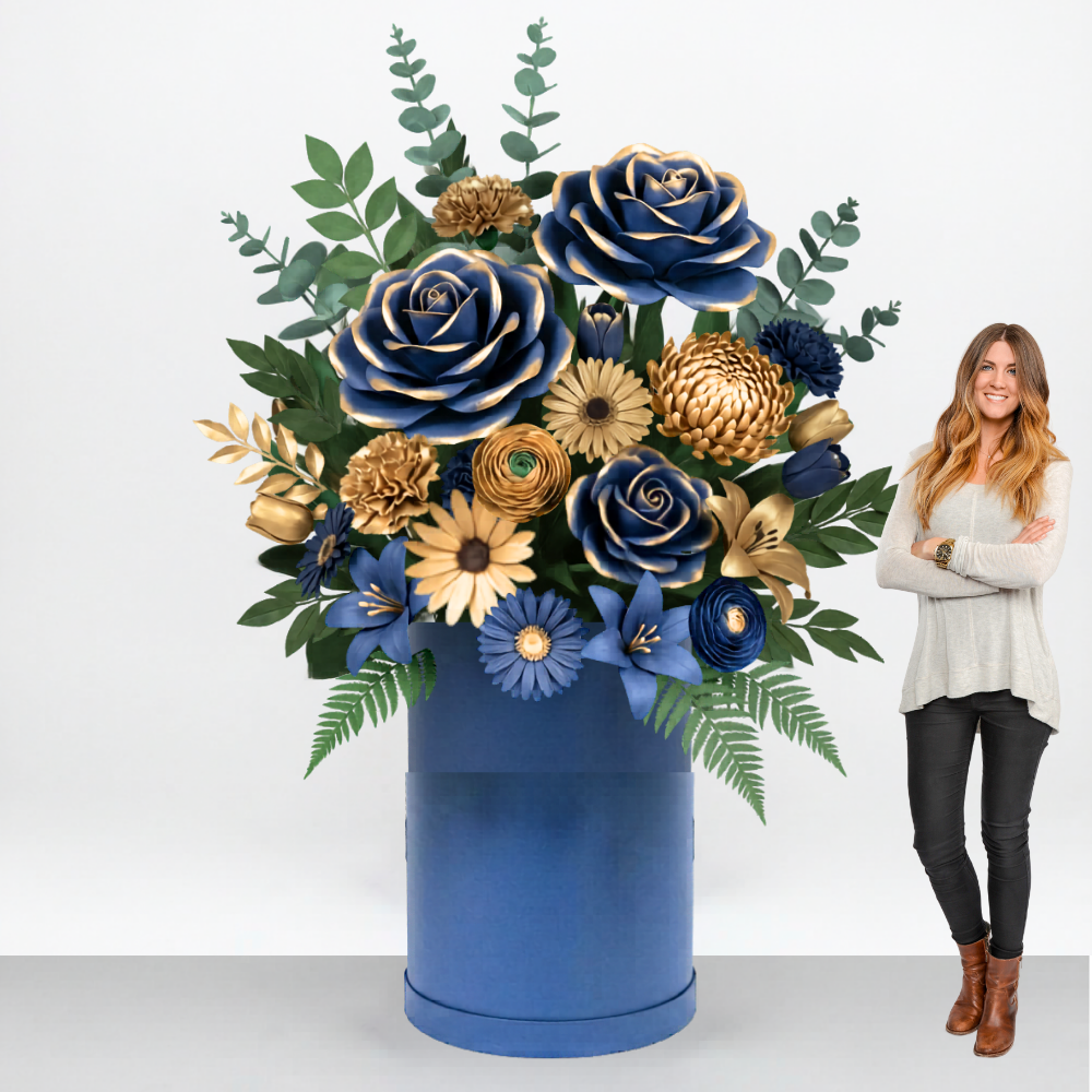 Giant flower rental Houston — navy and gold luxury arrangement for corporate events