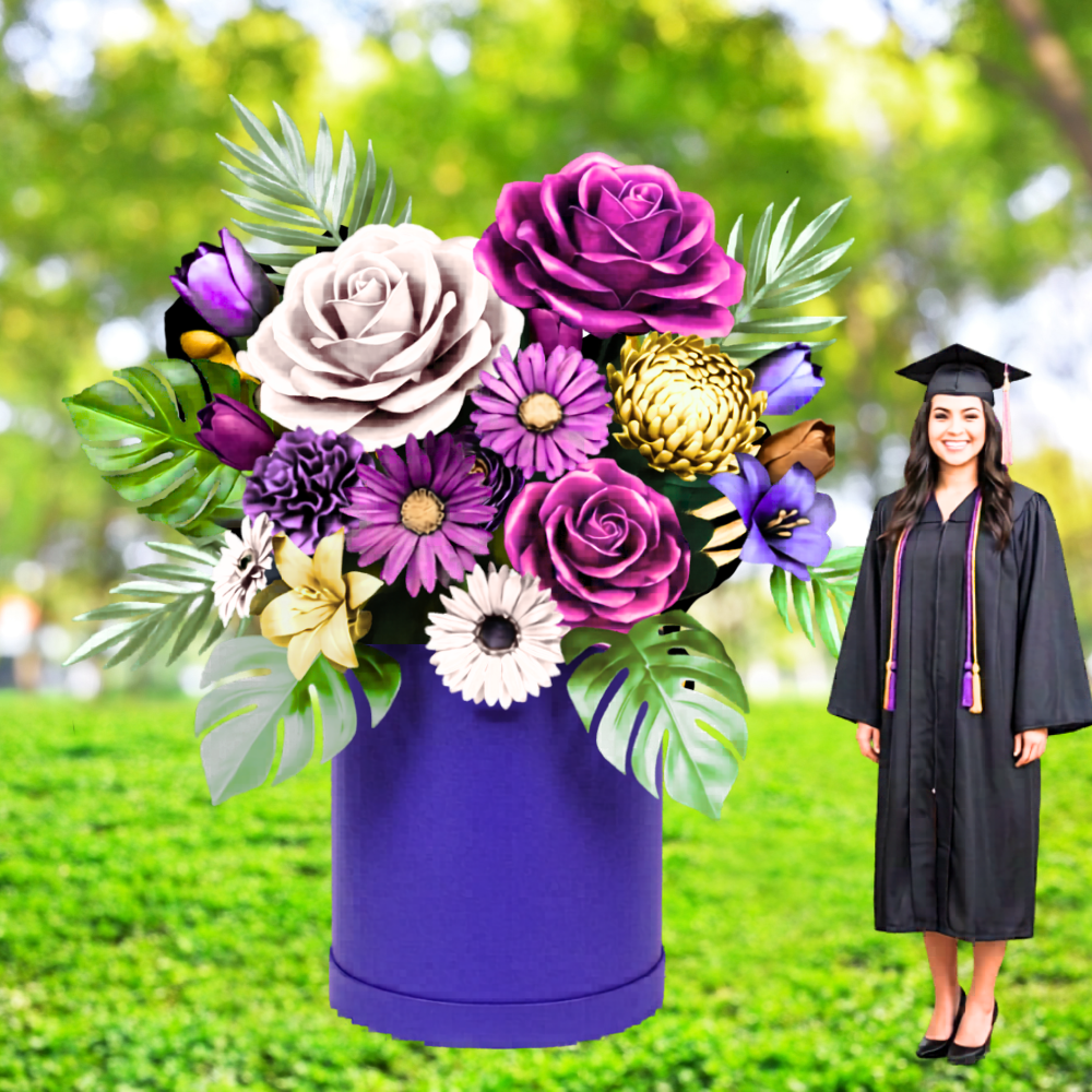 Large flower props rental Houston — purple and violet graduation celebration display
