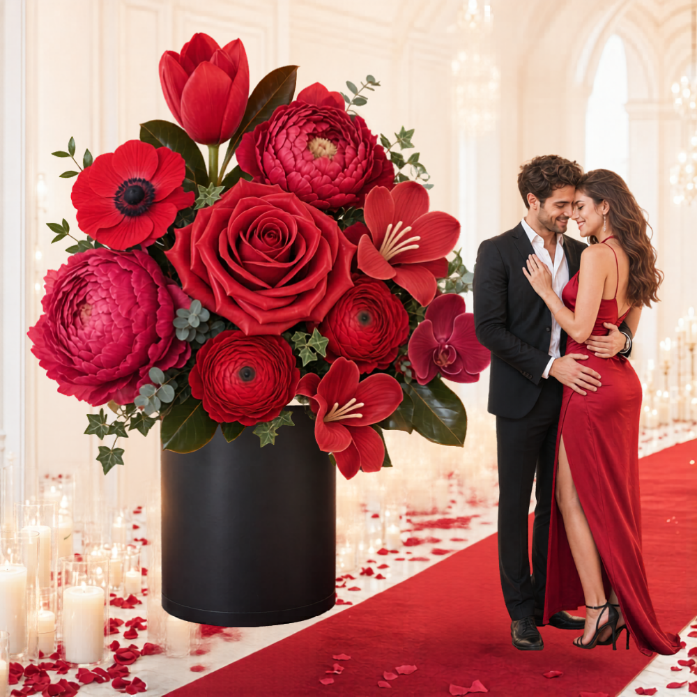 Wedding flower rental Houston — romantic red roses giant arrangement with candles
