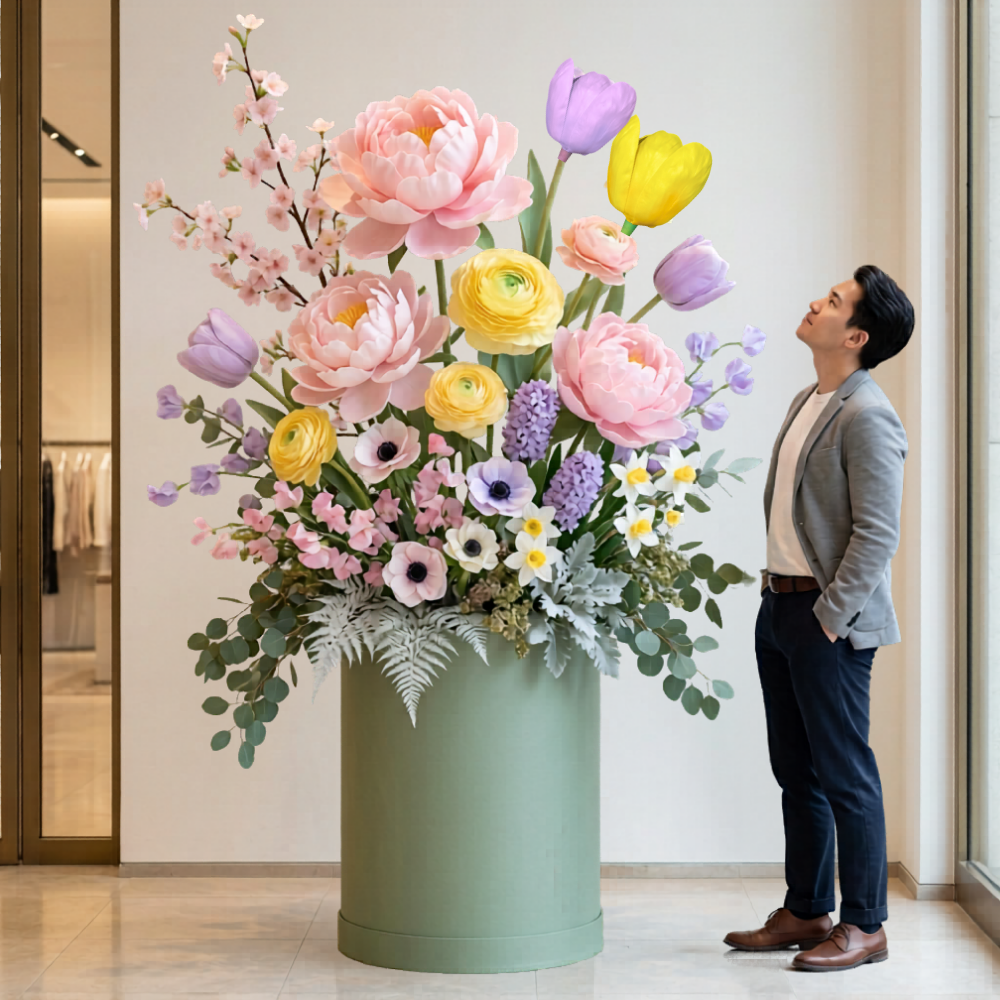 Oversized flower arrangement rental Houston — spring pastel peonies and tulips lobby display