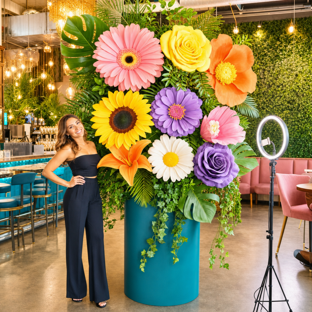 Giant flower centerpiece rental Houston — tropical gerbera and sunflower bar display