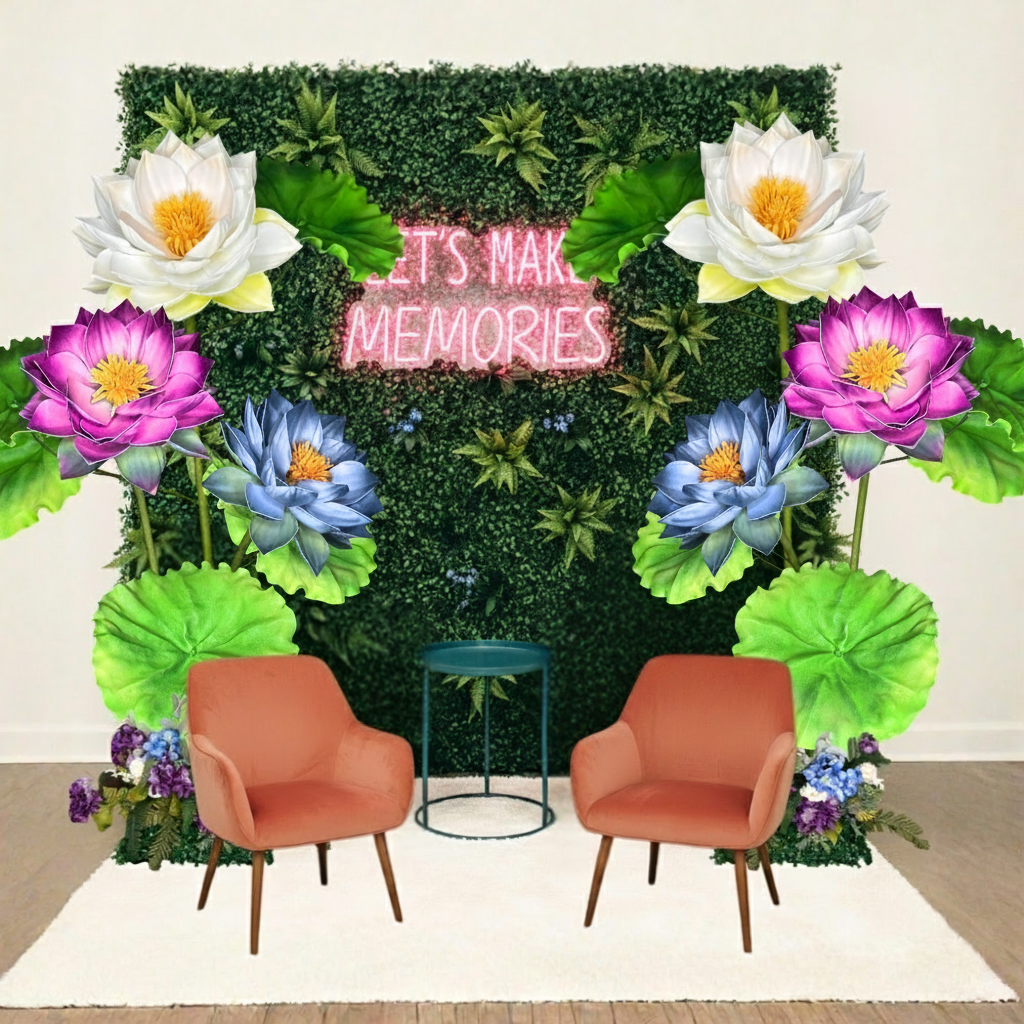 Full photo booth installation with giant foam flower wall in mixed colors for wedding and corporate events