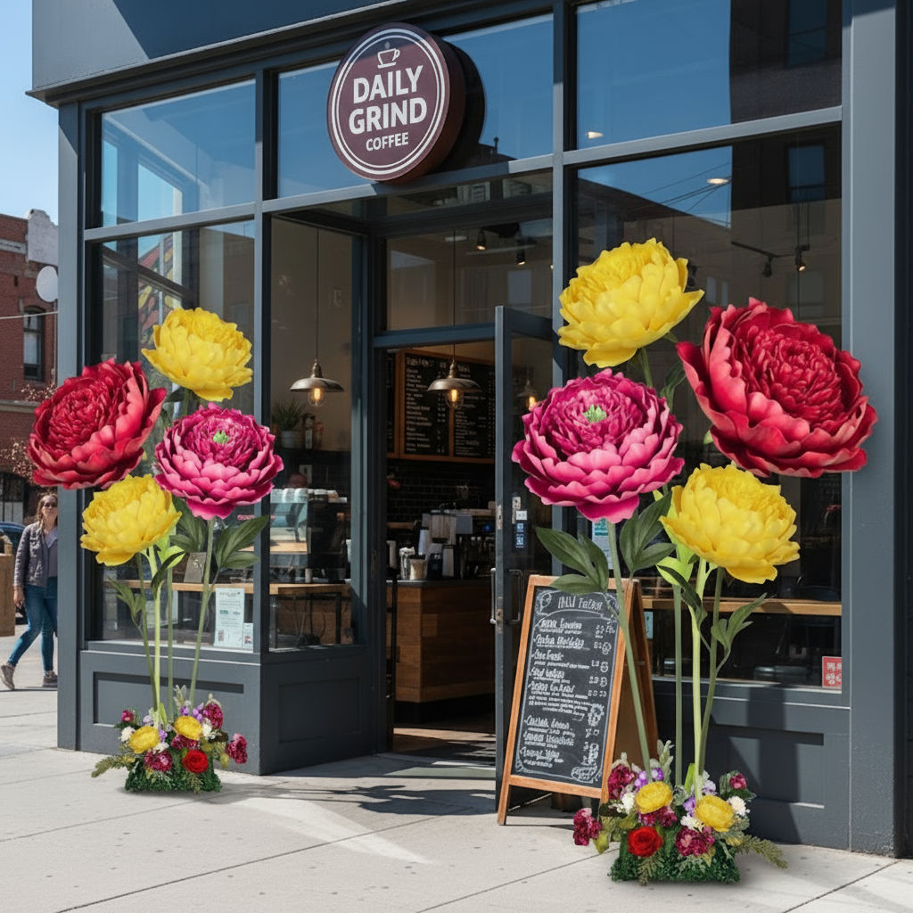 Full arrangement view of sweetheart table giant foam flower clusters showing color and height variety